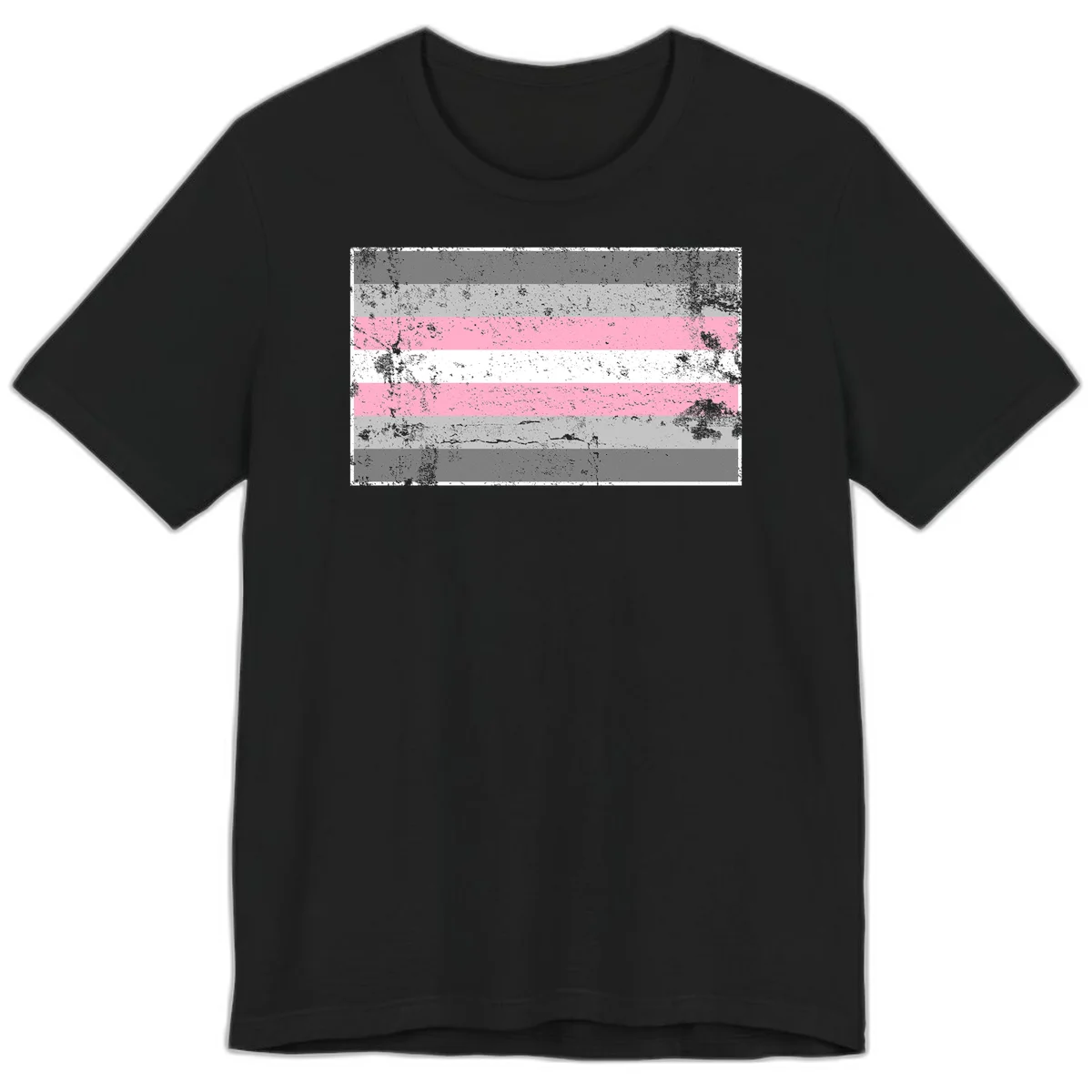 Distressed pride flag stripes design featuring pink, white, and gray horizontal bands with grunge texture overlay in Black