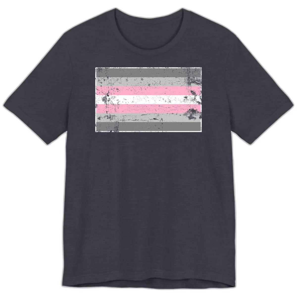 Distressed pride flag stripes design featuring pink, white, and gray horizontal bands with grunge texture overlay in Heather Midnight Navy