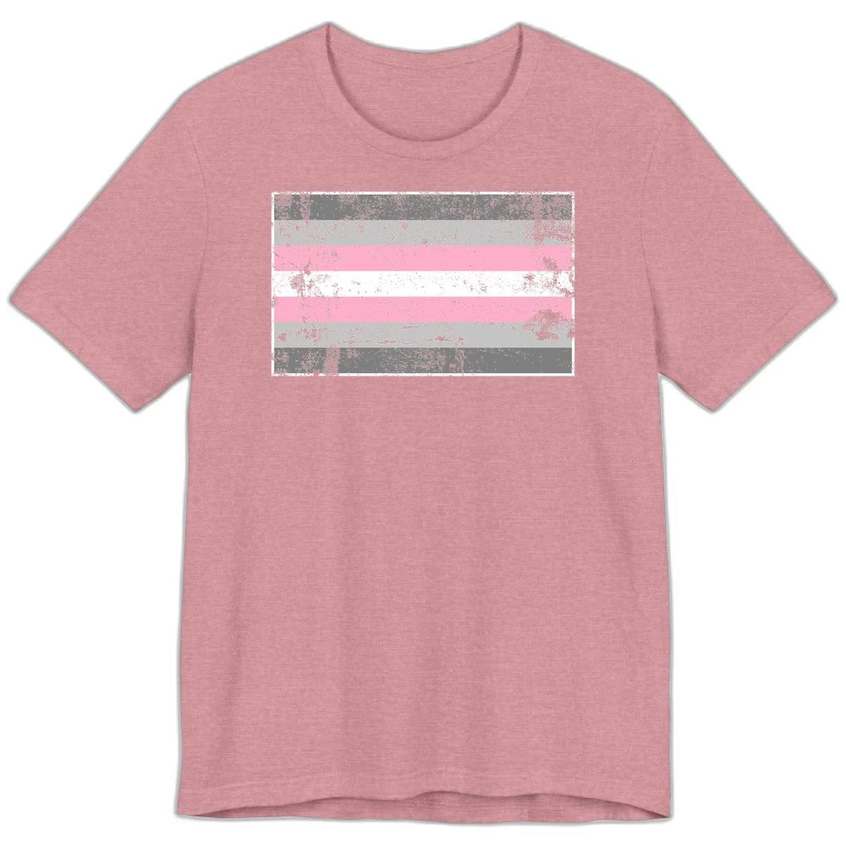 Distressed pride flag stripes design featuring pink, white, and gray horizontal bands with grunge texture overlay in Heather Orchid