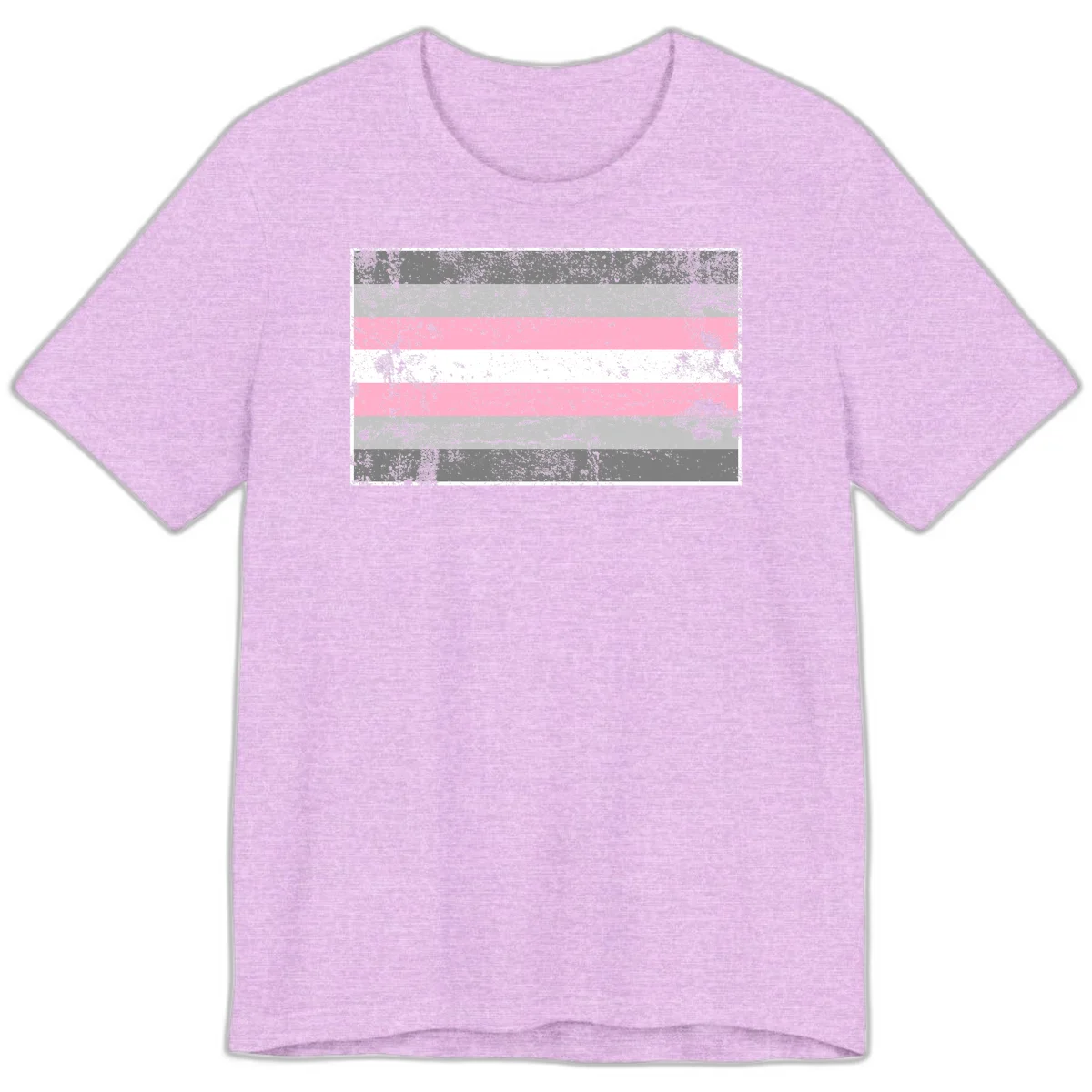 Distressed pride flag stripes design featuring pink, white, and gray horizontal bands with grunge texture overlay in Heather Prism Lilac