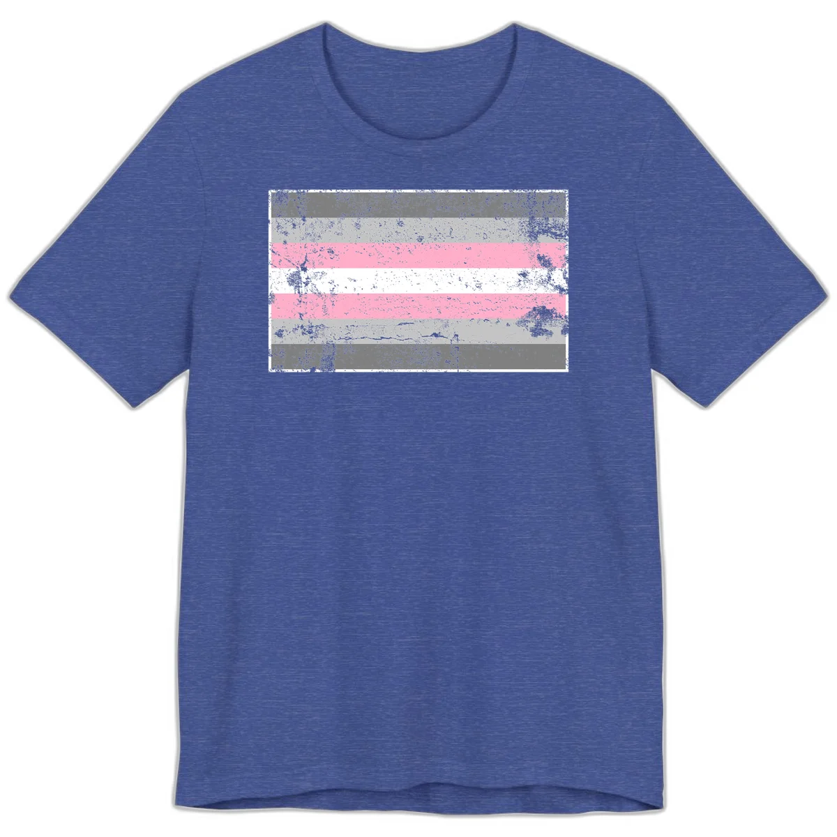 Distressed pride flag stripes design featuring pink, white, and gray horizontal bands with grunge texture overlay in Heather True Royal