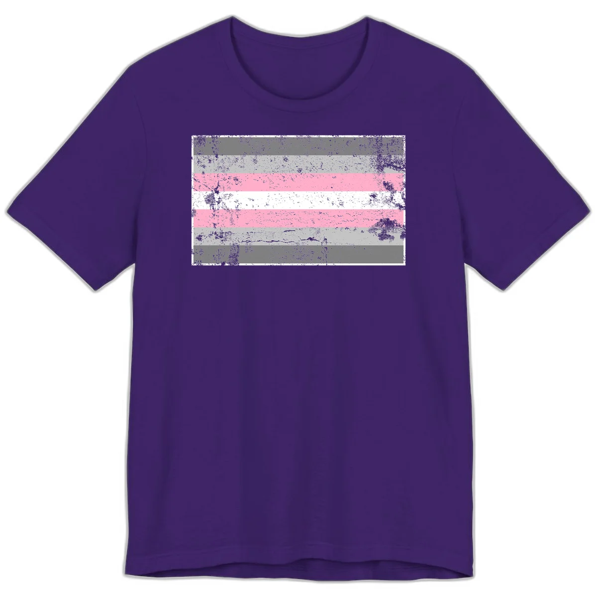 Distressed pride flag stripes design featuring pink, white, and gray horizontal bands with grunge texture overlay in Team Purple