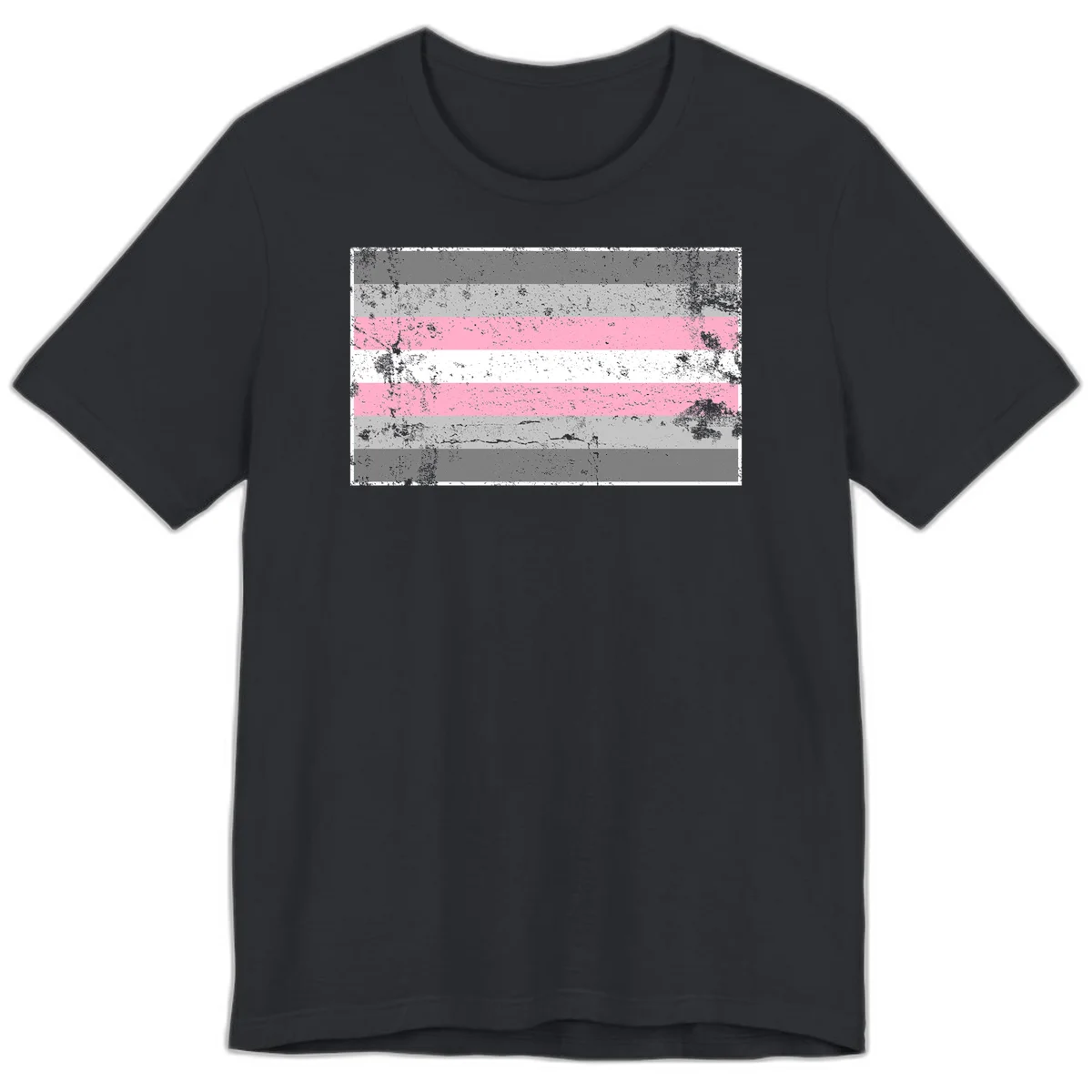 Distressed pride flag stripes design featuring pink, white, and gray horizontal bands with grunge texture overlay in Vintage Black