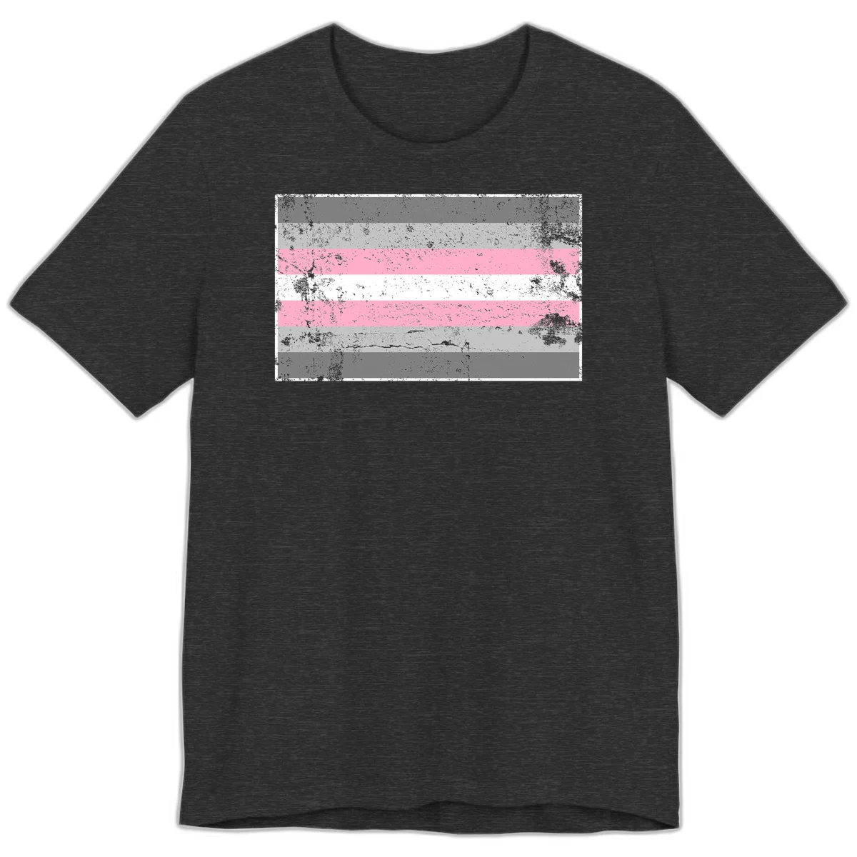 Distressed pride flag stripes design featuring pink, white, and gray horizontal bands with grunge texture overlay in Dark Grey Heather