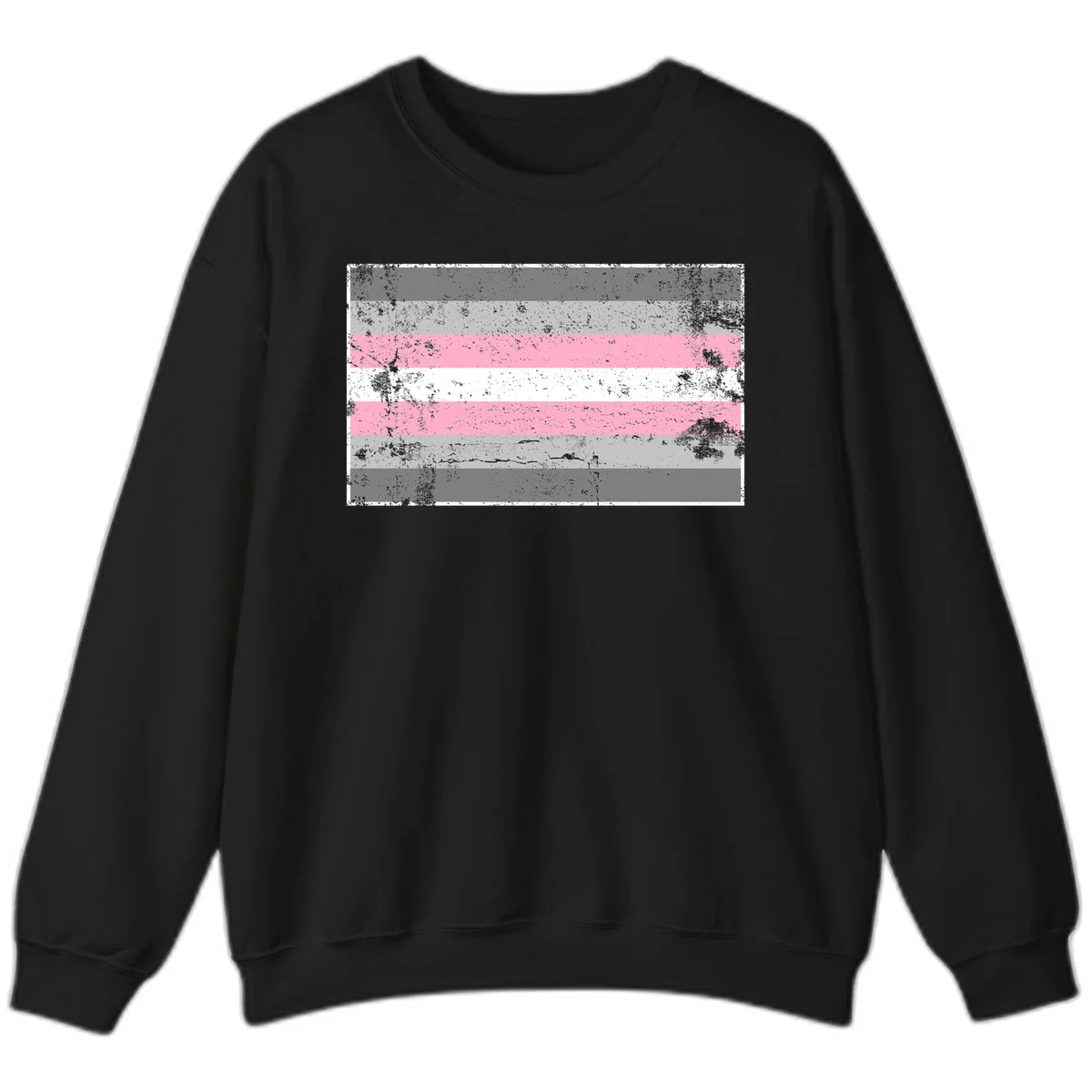 Distressed pride flag stripes design featuring pink, white, and gray horizontal bands with grunge texture overlay in Black