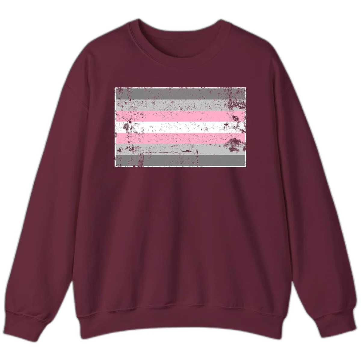 Distressed pride flag stripes design featuring pink, white, and gray horizontal bands with grunge texture overlay in Maroon