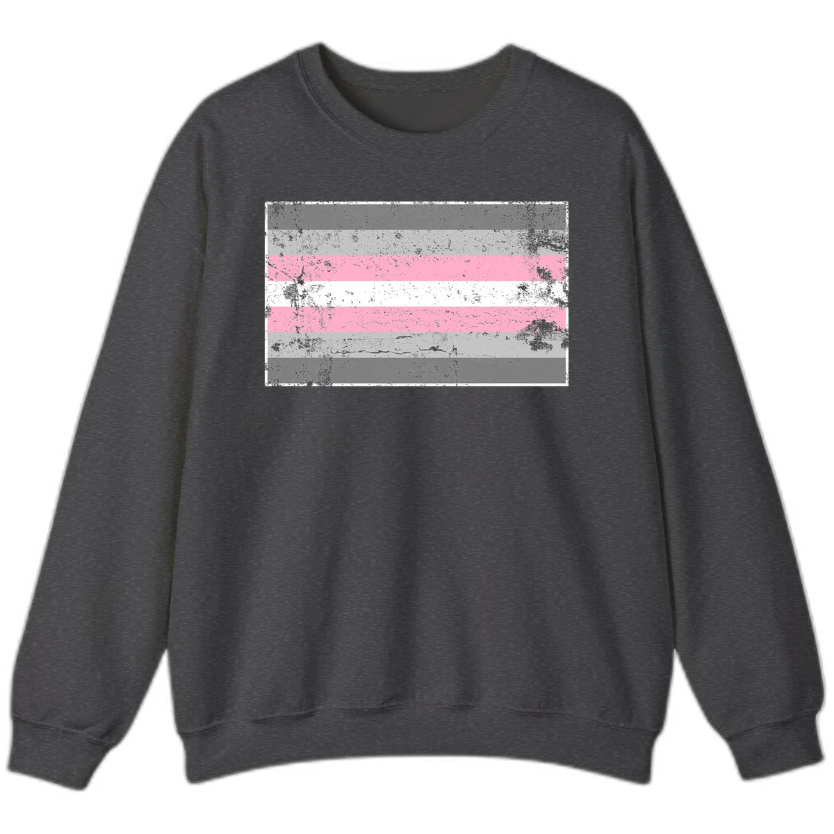 Distressed pride flag stripes design featuring pink, white, and gray horizontal bands with grunge texture overlay in Dark Heather