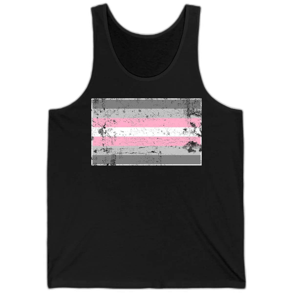 Distressed pride flag stripes design featuring pink, white, and gray horizontal bands with grunge texture overlay in Black