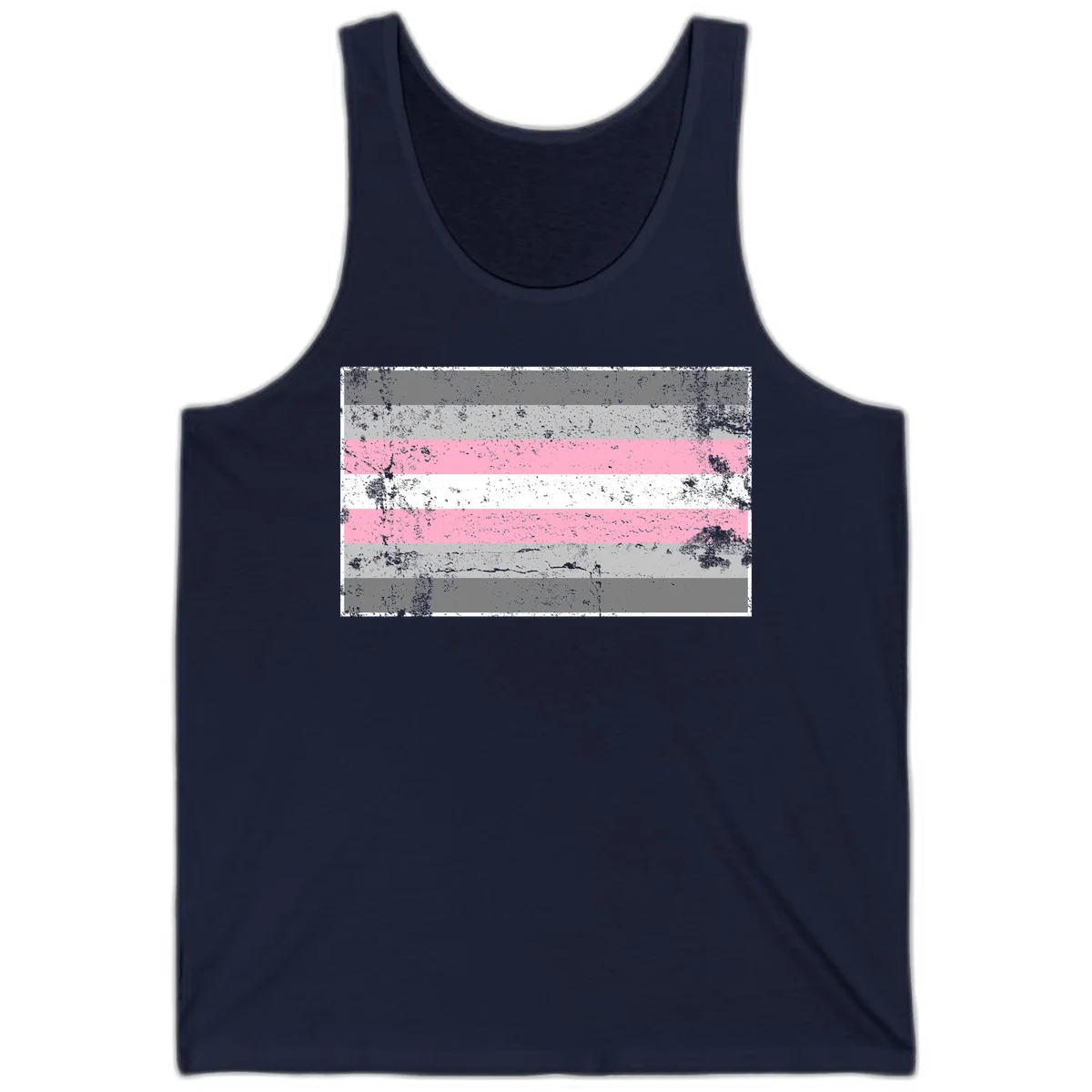 Distressed pride flag stripes design featuring pink, white, and gray horizontal bands with grunge texture overlay in Navy