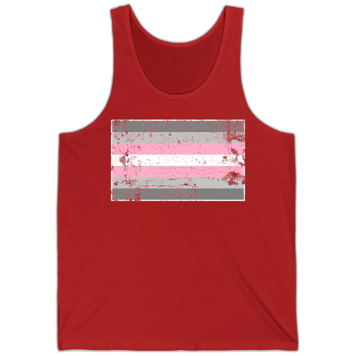 Distressed pride flag stripes design featuring pink, white, and gray horizontal bands with grunge texture overlay in Red