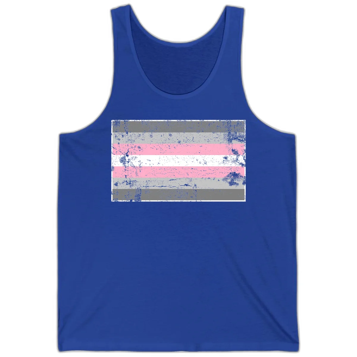 Distressed pride flag stripes design featuring pink, white, and gray horizontal bands with grunge texture overlay in True Royal
