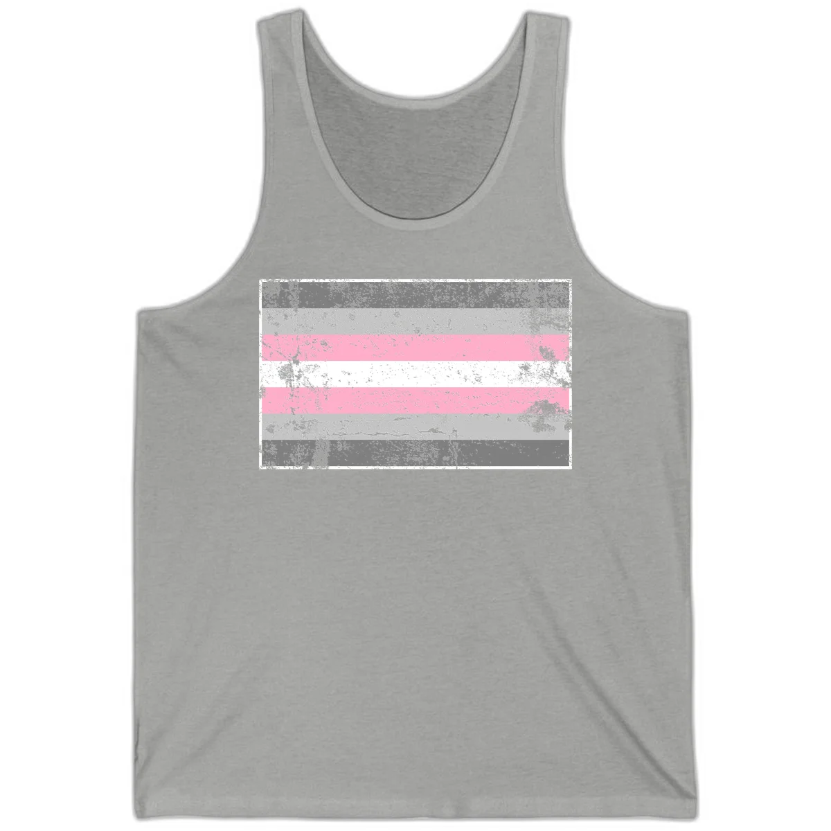 Distressed pride flag stripes design featuring pink, white, and gray horizontal bands with grunge texture overlay in Athletic Heather