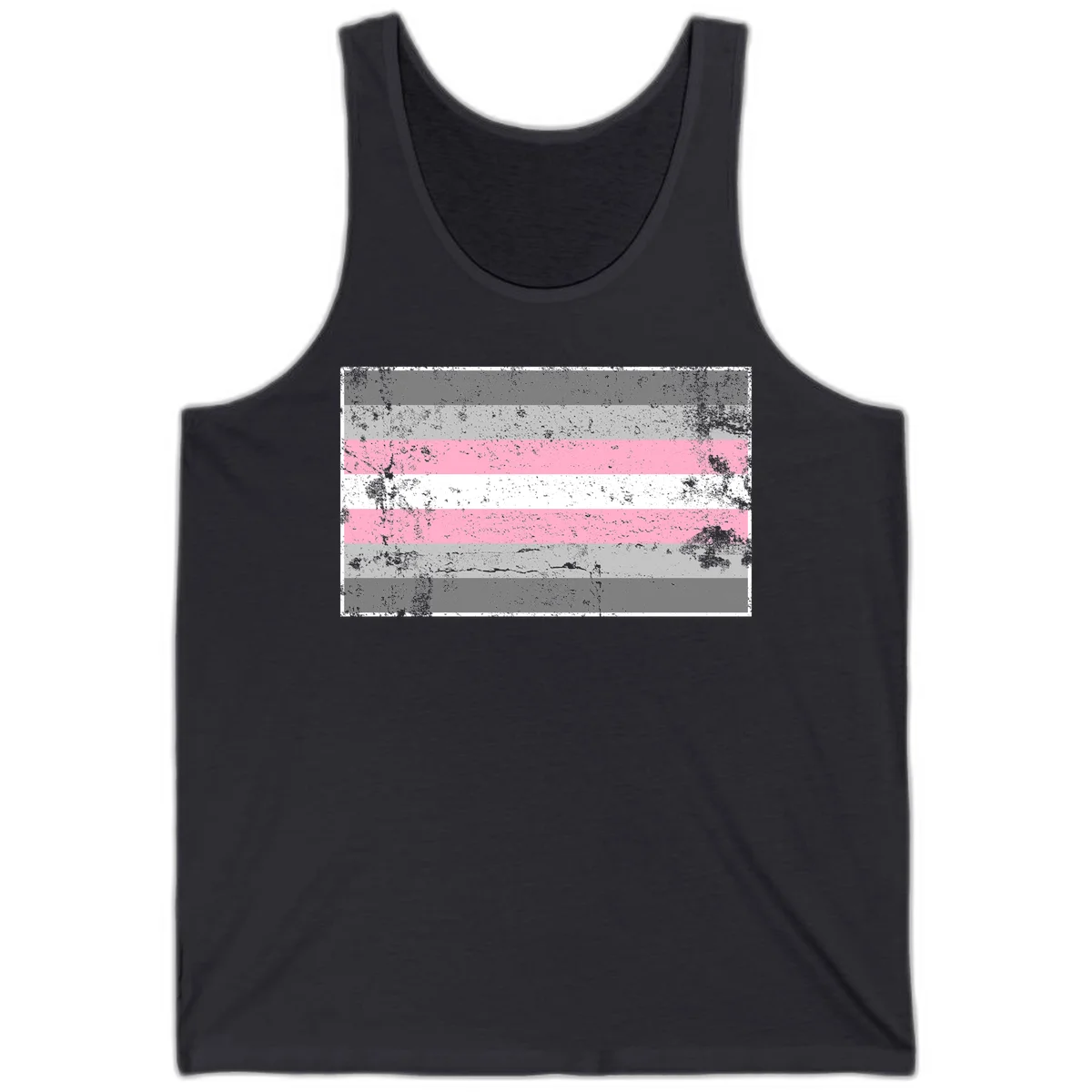 Distressed pride flag stripes design featuring pink, white, and gray horizontal bands with grunge texture overlay in Dark Grey