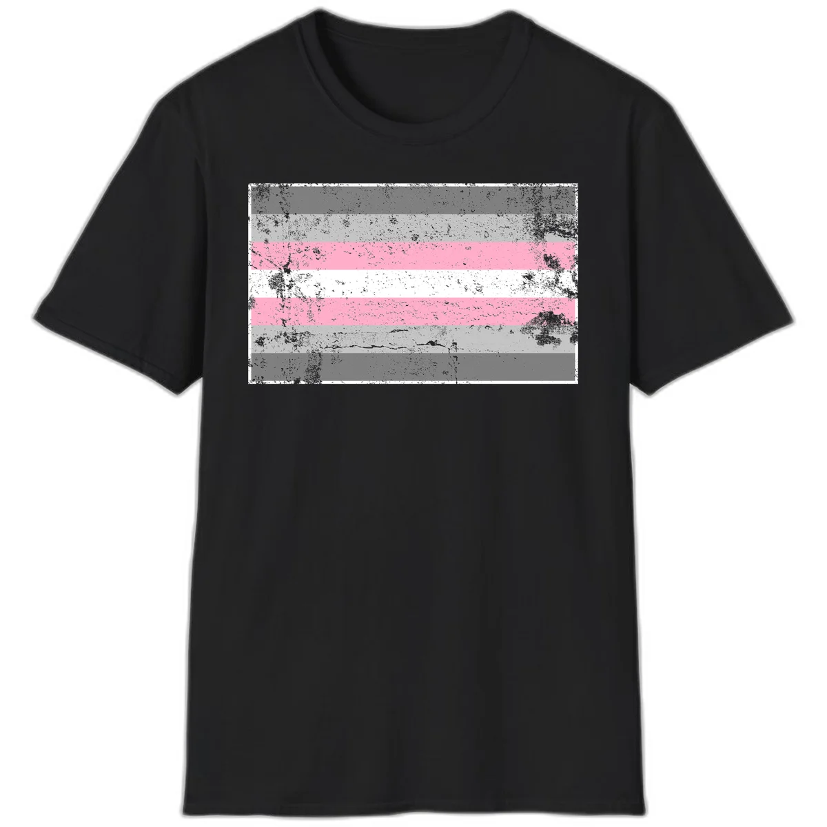 Distressed pride flag stripes design featuring pink, white, and gray horizontal bands with grunge texture overlay in Black