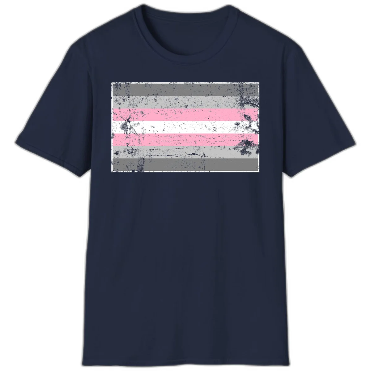 Distressed pride flag stripes design featuring pink, white, and gray horizontal bands with grunge texture overlay in Navy