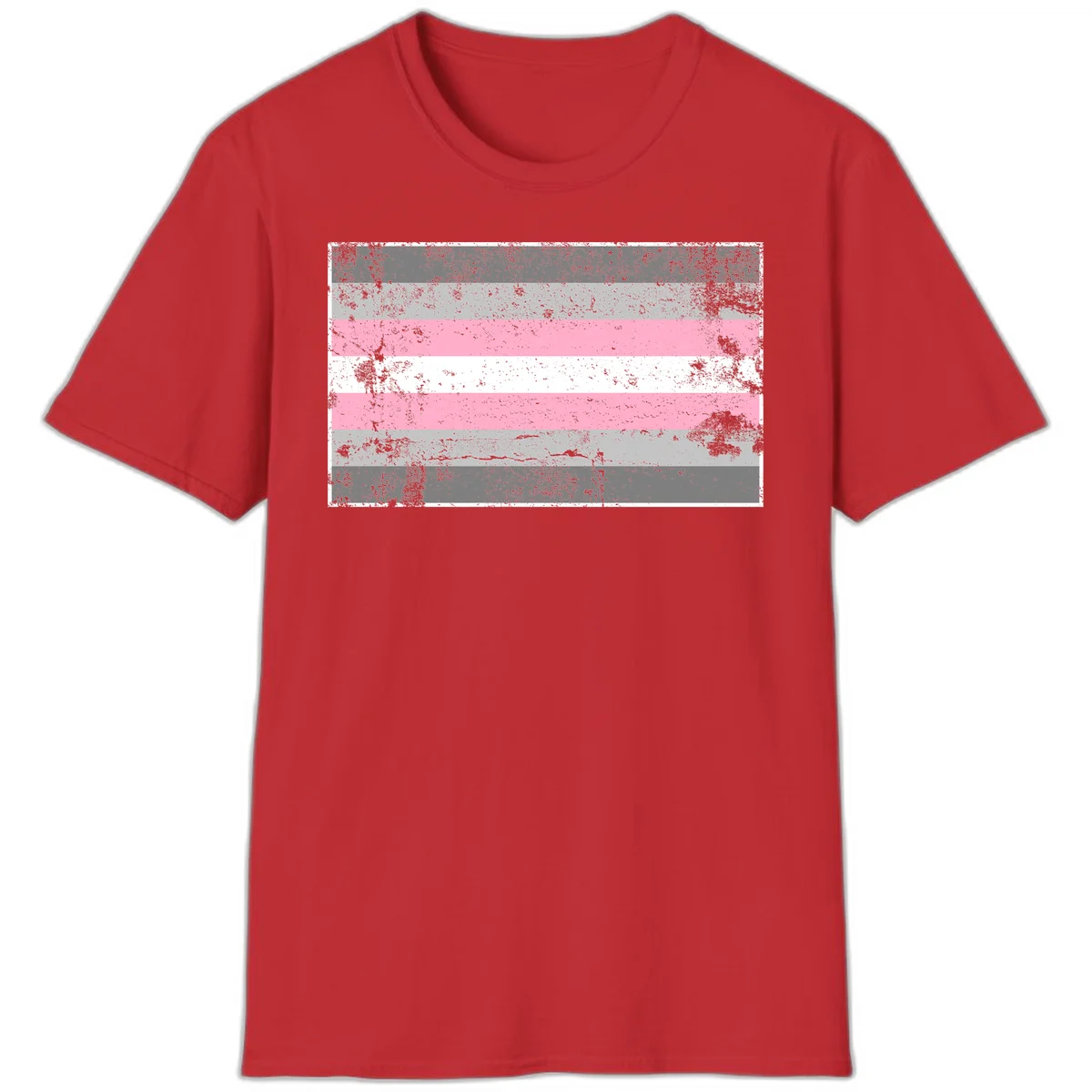 Distressed pride flag stripes design featuring pink, white, and gray horizontal bands with grunge texture overlay in Red