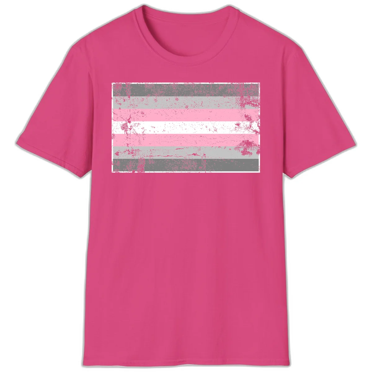 Distressed pride flag stripes design featuring pink, white, and gray horizontal bands with grunge texture overlay in Heliconia