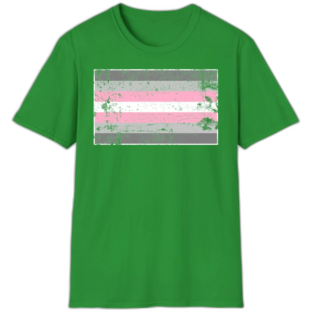 Distressed pride flag stripes design featuring pink, white, and gray horizontal bands with grunge texture overlay in Irish Green