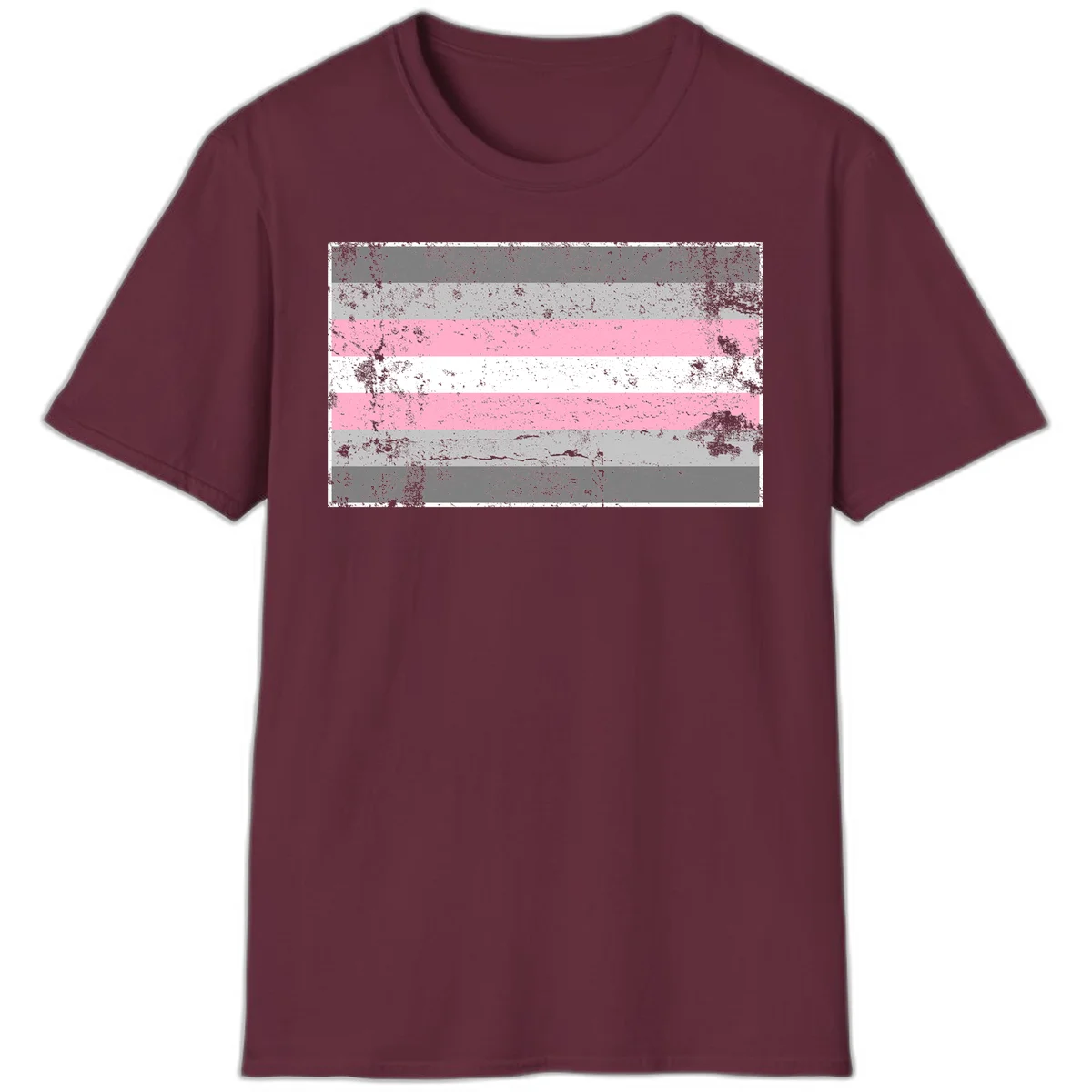 Distressed pride flag stripes design featuring pink, white, and gray horizontal bands with grunge texture overlay in Maroon