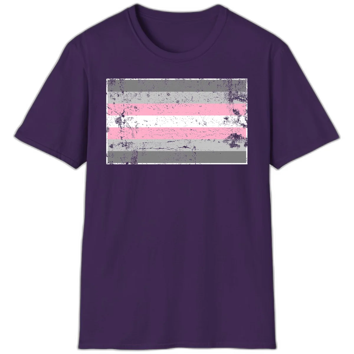 Distressed pride flag stripes design featuring pink, white, and gray horizontal bands with grunge texture overlay in Purple