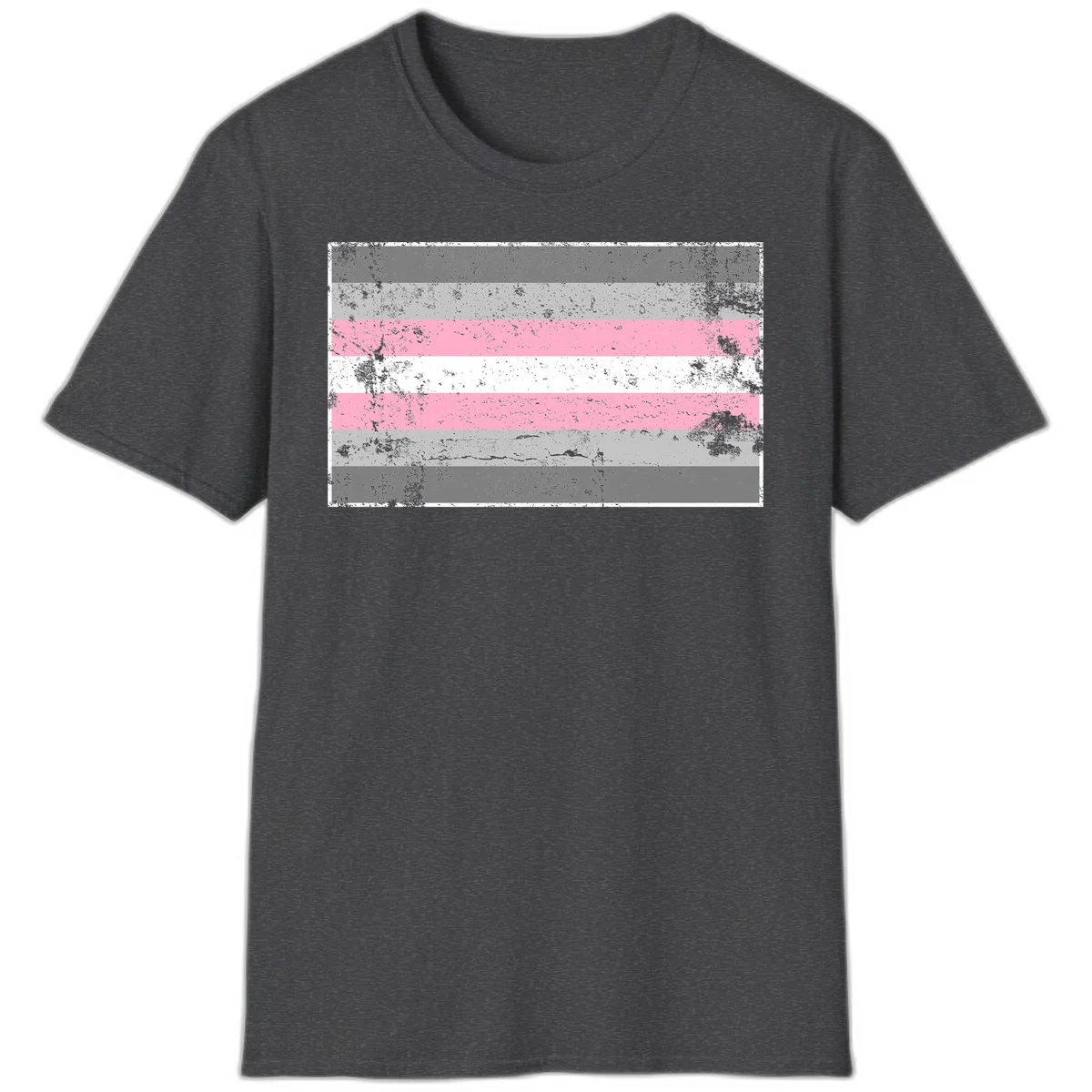 Distressed pride flag stripes design featuring pink, white, and gray horizontal bands with grunge texture overlay in Dark Heather