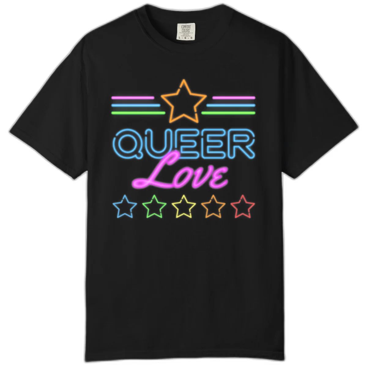 Neon queer love pride design with blue outlined text, magenta cursive script, orange and rainbow stars on gray background in Black