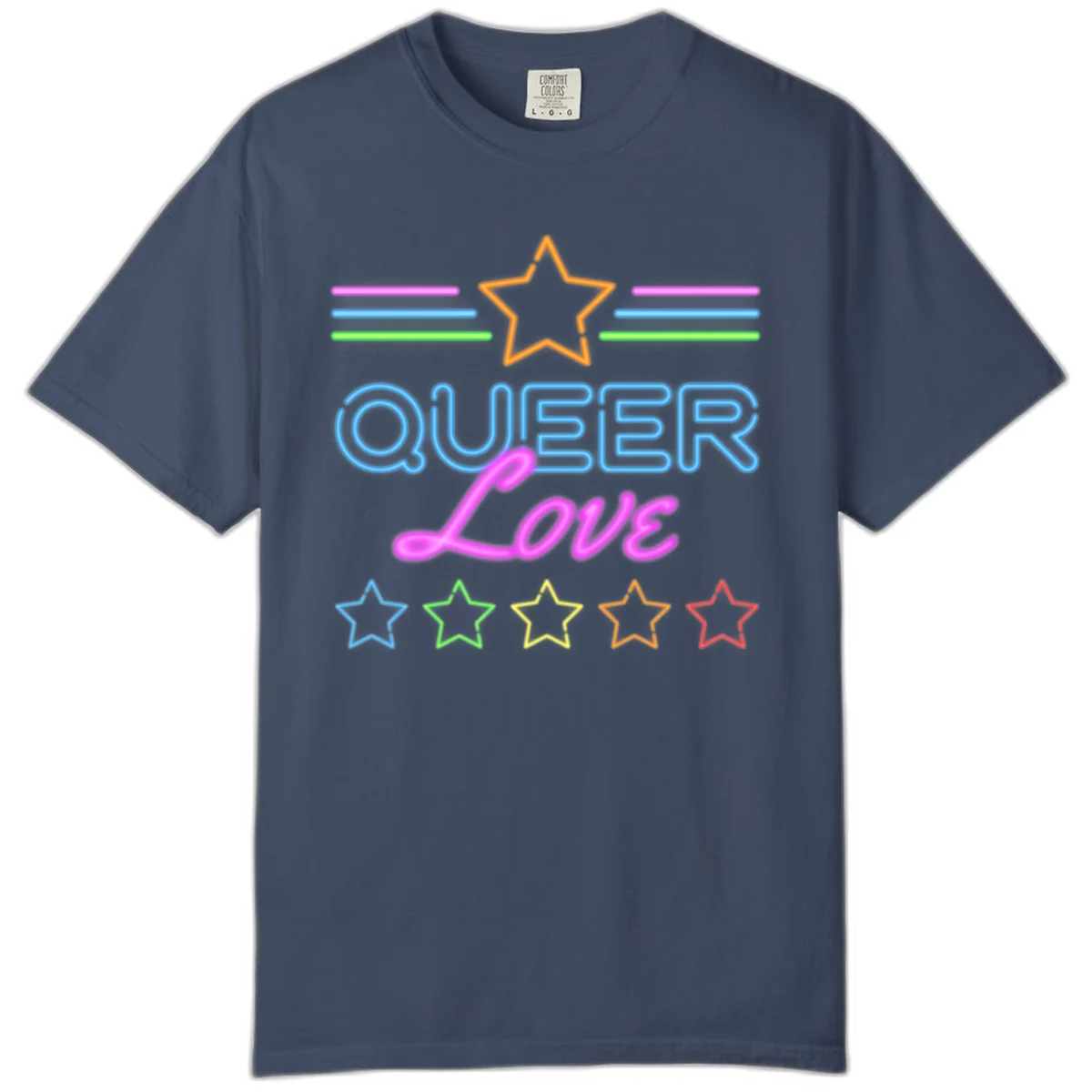 Neon queer love pride design with blue outlined text, magenta cursive script, orange and rainbow stars on gray background in Midnight