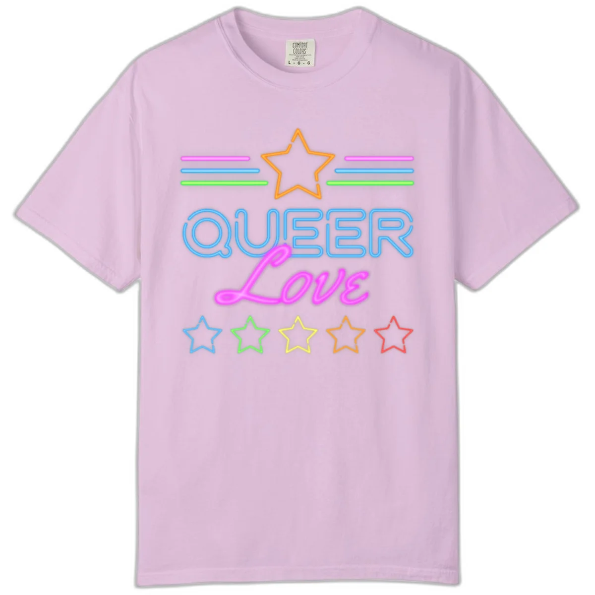 Neon queer love pride design with blue outlined text, magenta cursive script, orange and rainbow stars on gray background in Orchid