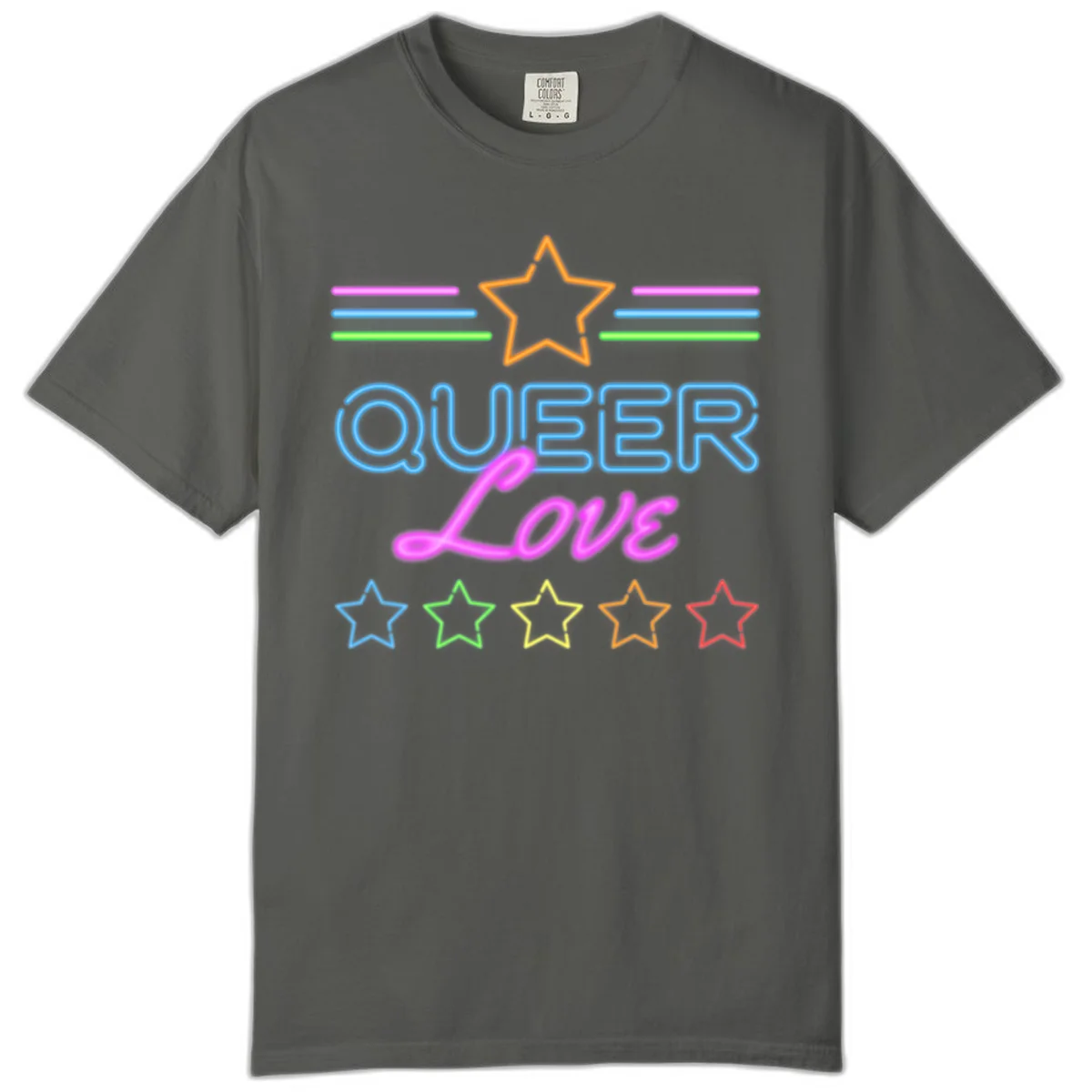 Neon queer love pride design with blue outlined text, magenta cursive script, orange and rainbow stars on gray background in Pepper