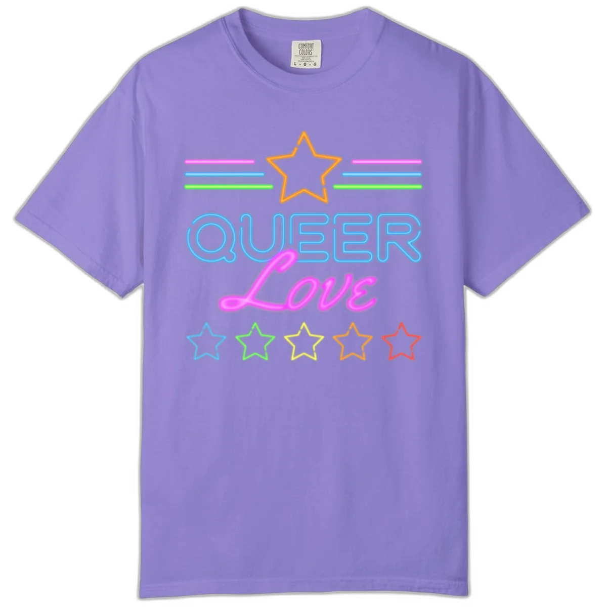 Neon queer love pride design with blue outlined text, magenta cursive script, orange and rainbow stars on gray background in Violet