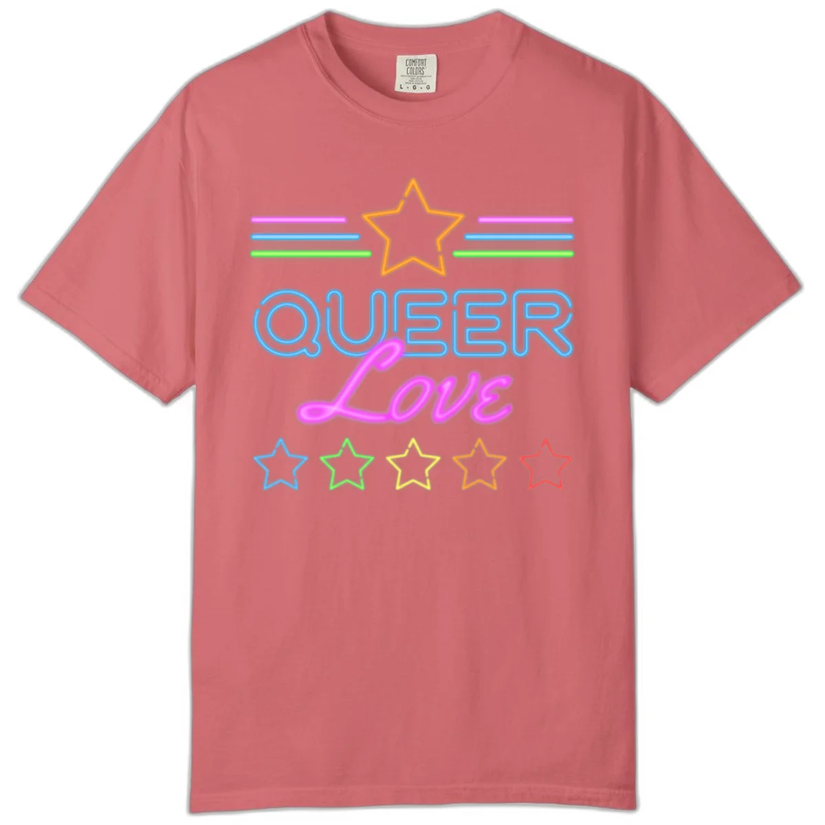 Neon queer love pride design with blue outlined text, magenta cursive script, orange and rainbow stars on gray background in Watermelon