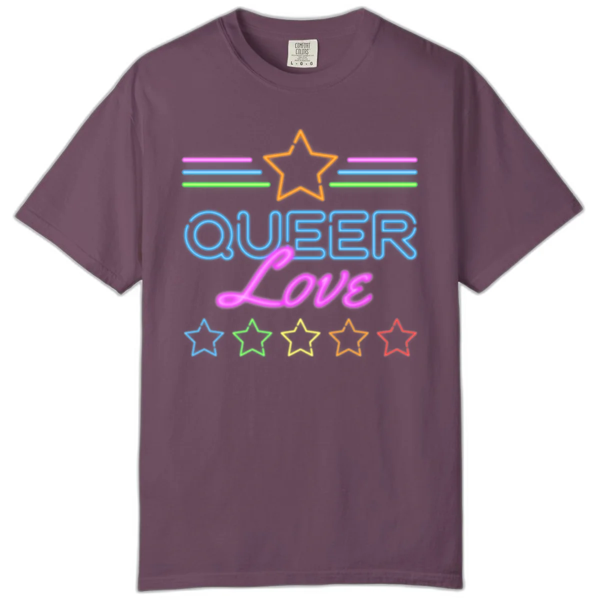 Neon queer love pride design with blue outlined text, magenta cursive script, orange and rainbow stars on gray background in Berry