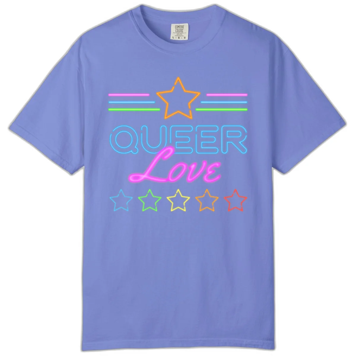 Neon queer love pride design with blue outlined text, magenta cursive script, orange and rainbow stars on gray background in Flo Blue