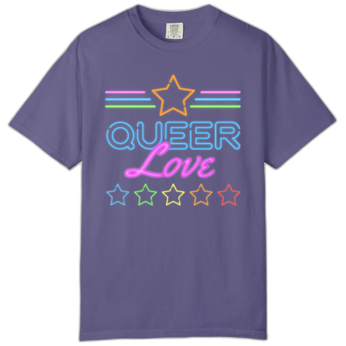 Neon queer love pride design with blue outlined text, magenta cursive script, orange and rainbow stars on gray background in Grape
