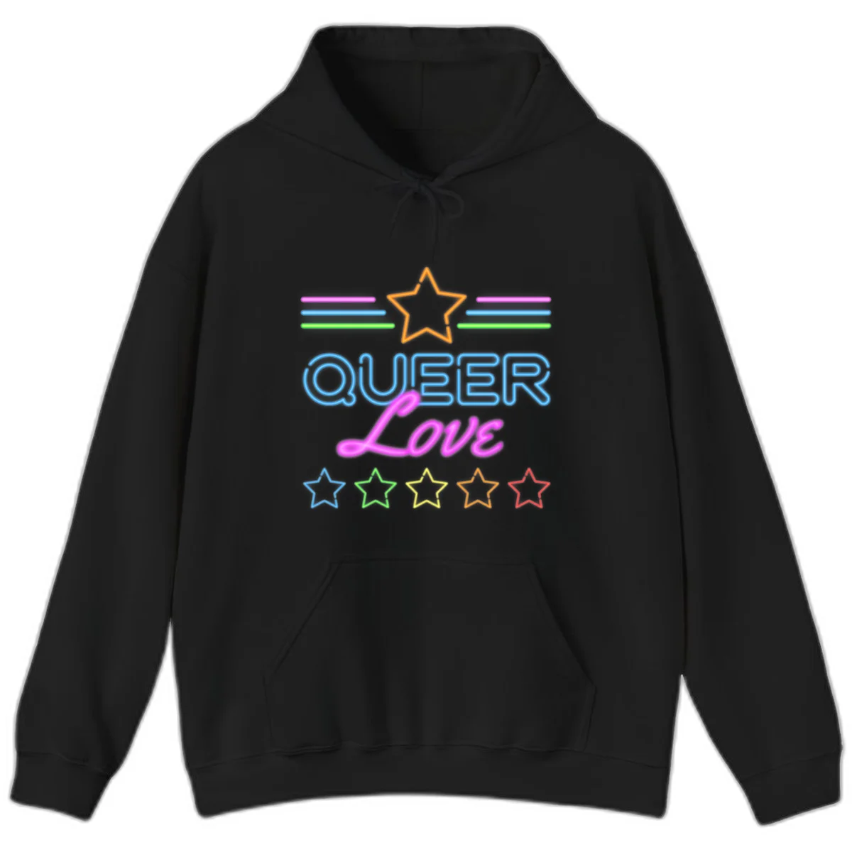 Neon queer love pride design with blue outlined text, magenta cursive script, orange and rainbow stars on gray background in Black