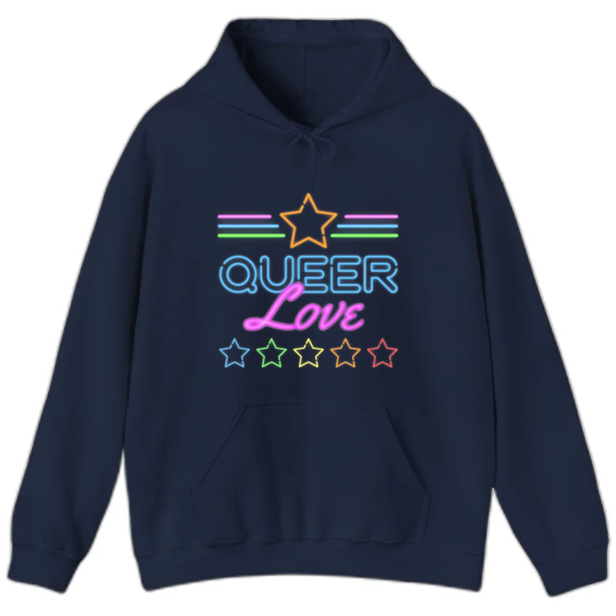 Neon queer love pride design with blue outlined text, magenta cursive script, orange and rainbow stars on gray background in Navy