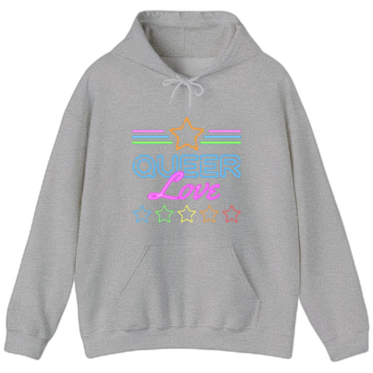 Neon queer love pride design with blue outlined text, magenta cursive script, orange and rainbow stars on gray background in Sport Grey
