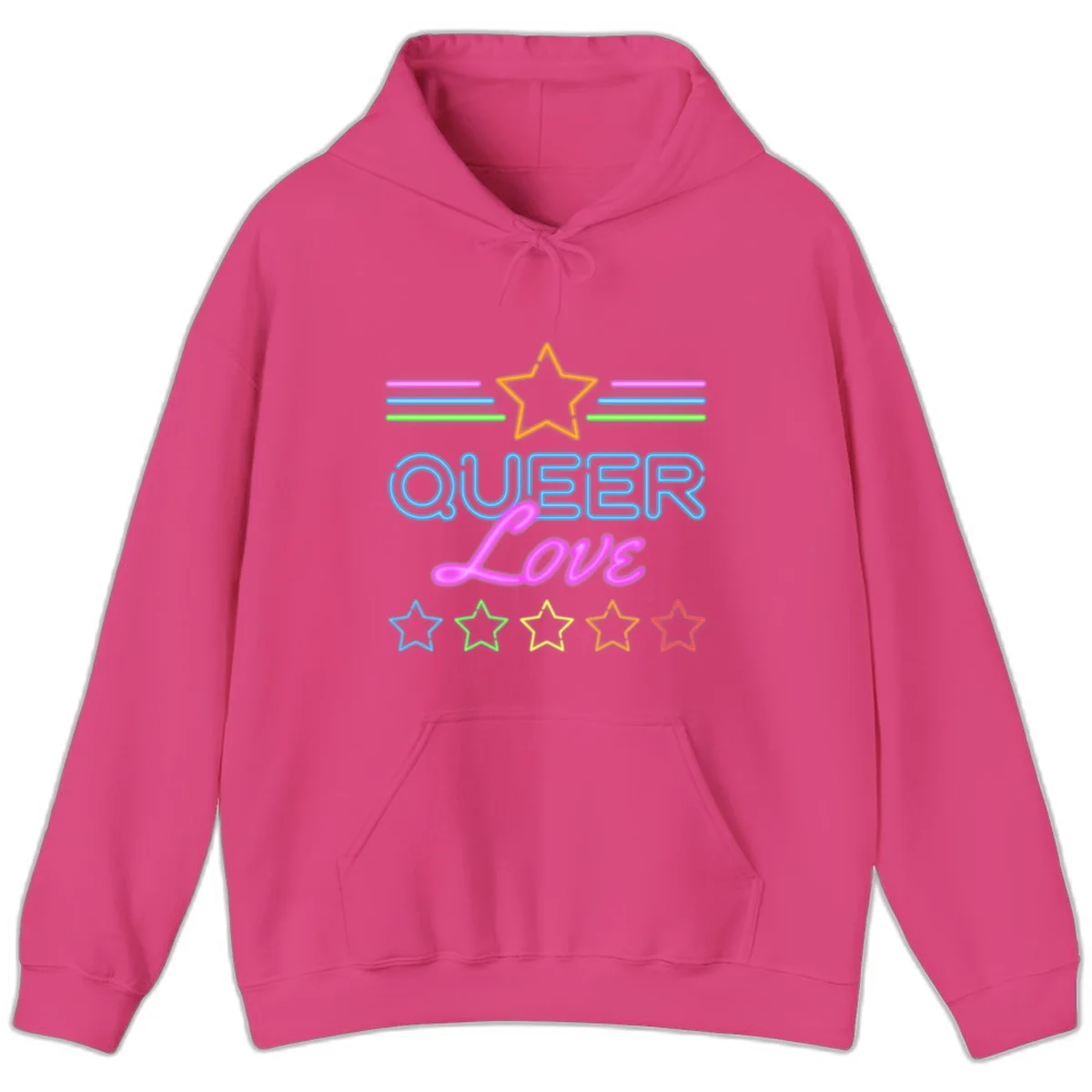 Neon queer love pride design with blue outlined text, magenta cursive script, orange and rainbow stars on gray background in Heliconia