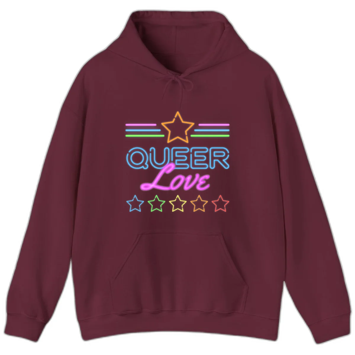 Neon queer love pride design with blue outlined text, magenta cursive script, orange and rainbow stars on gray background in Maroon