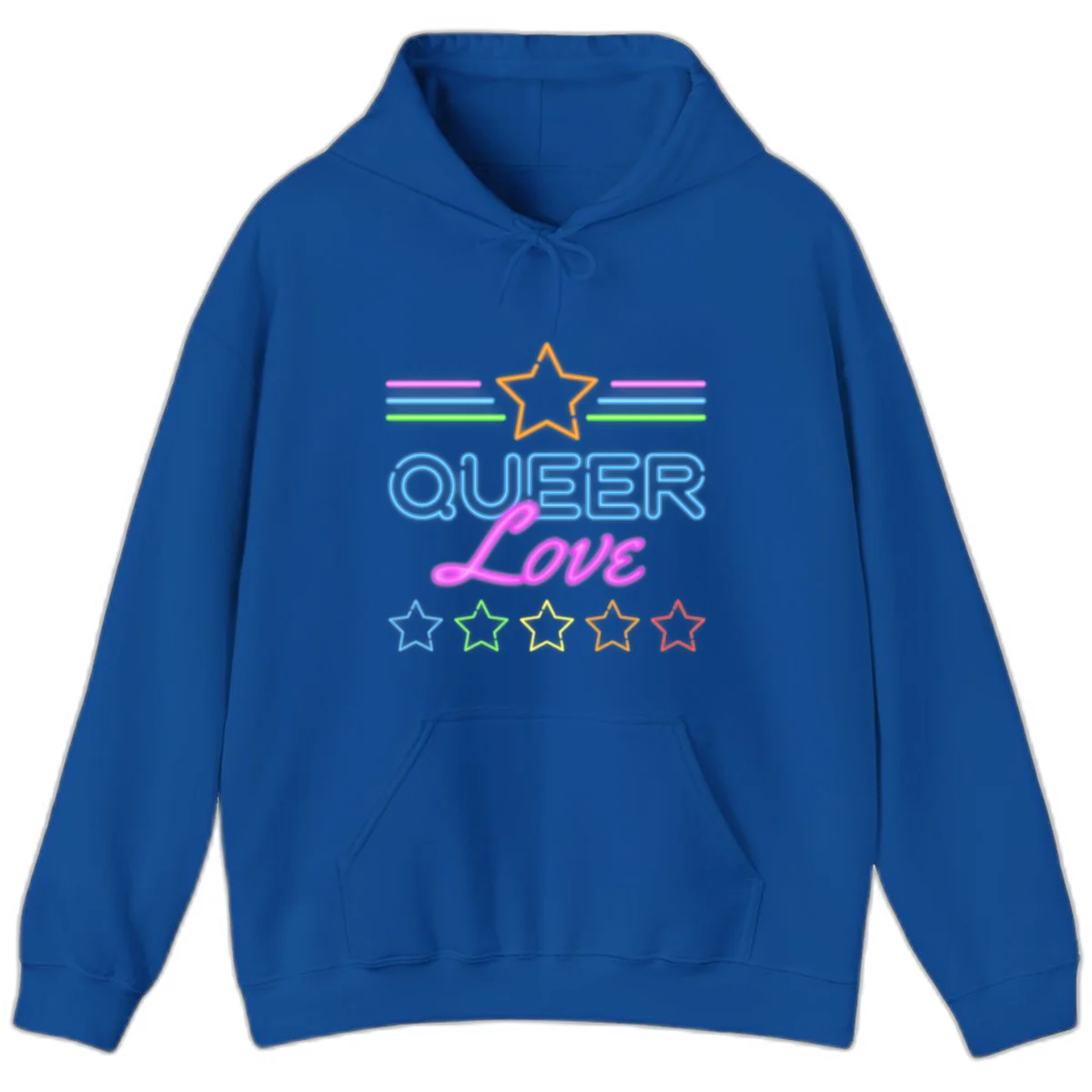 Neon queer love pride design with blue outlined text, magenta cursive script, orange and rainbow stars on gray background in Royal