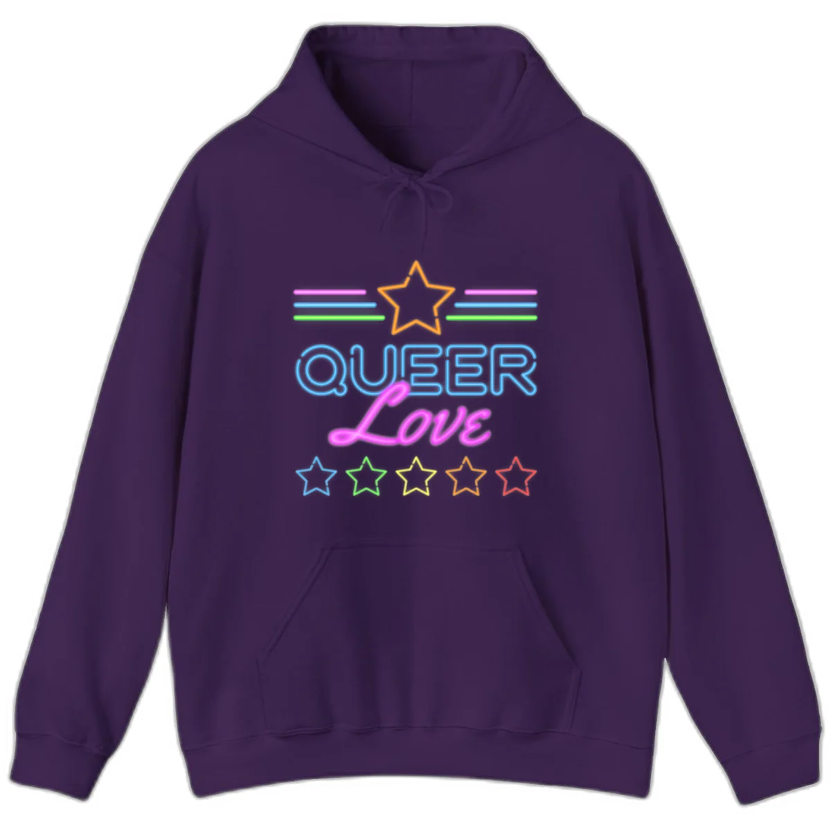 Neon queer love pride design with blue outlined text, magenta cursive script, orange and rainbow stars on gray background in Purple