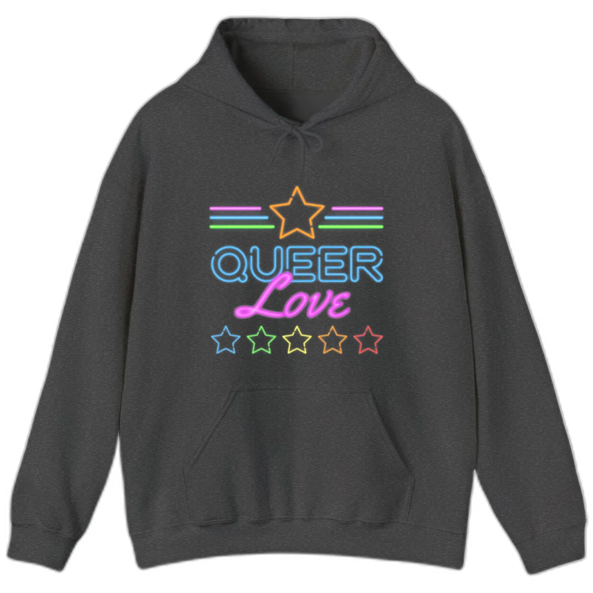 Neon queer love pride design with blue outlined text, magenta cursive script, orange and rainbow stars on gray background in Dark Heather