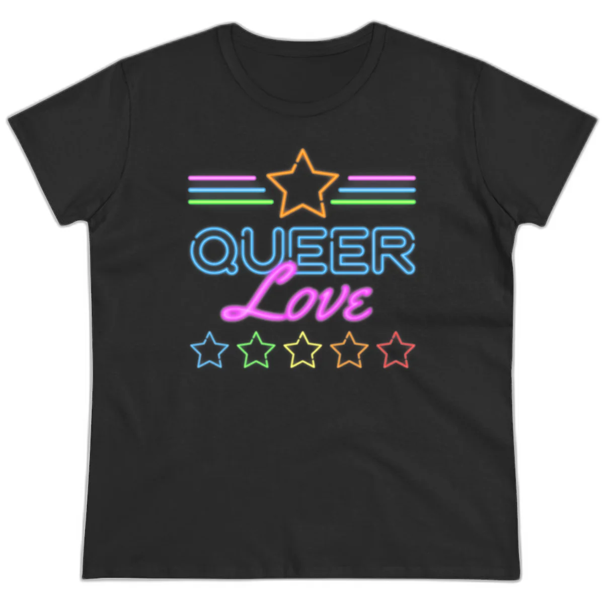 Neon queer love pride design with blue outlined text, magenta cursive script, orange and rainbow stars on gray background in Black