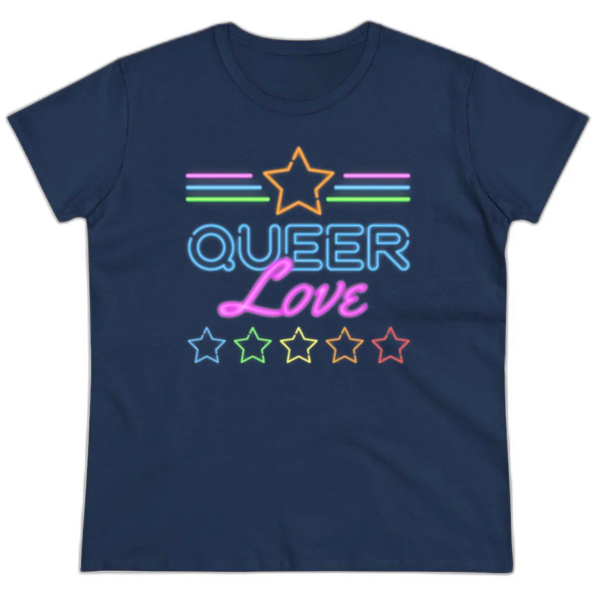 Neon queer love pride design with blue outlined text, magenta cursive script, orange and rainbow stars on gray background in Navy