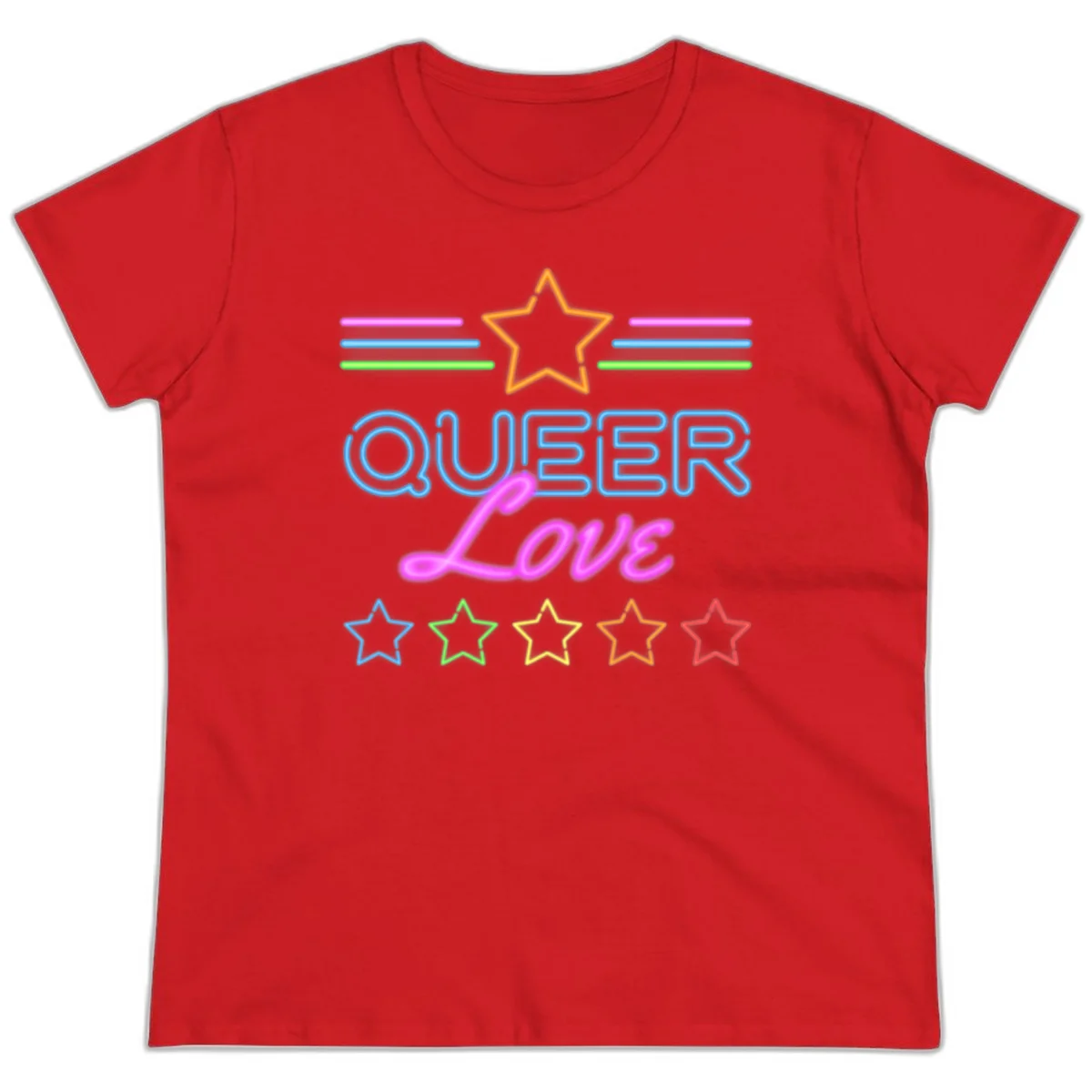 Neon queer love pride design with blue outlined text, magenta cursive script, orange and rainbow stars on gray background in Red