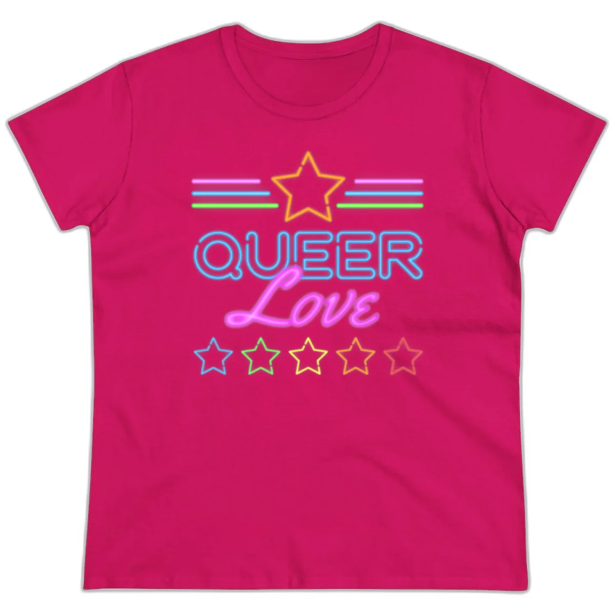 Neon queer love pride design with blue outlined text, magenta cursive script, orange and rainbow stars on gray background in Heliconia