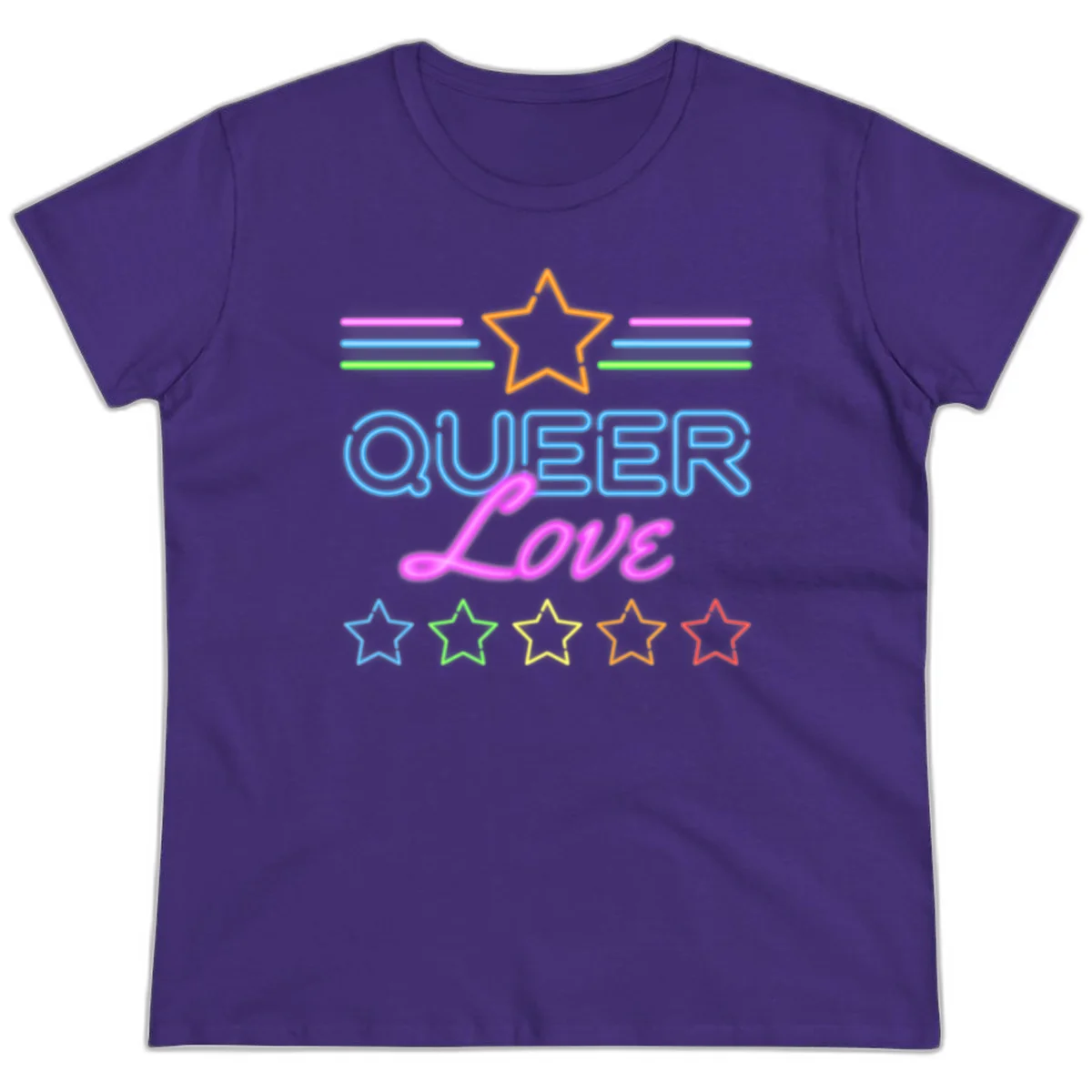 Neon queer love pride design with blue outlined text, magenta cursive script, orange and rainbow stars on gray background in Purple
