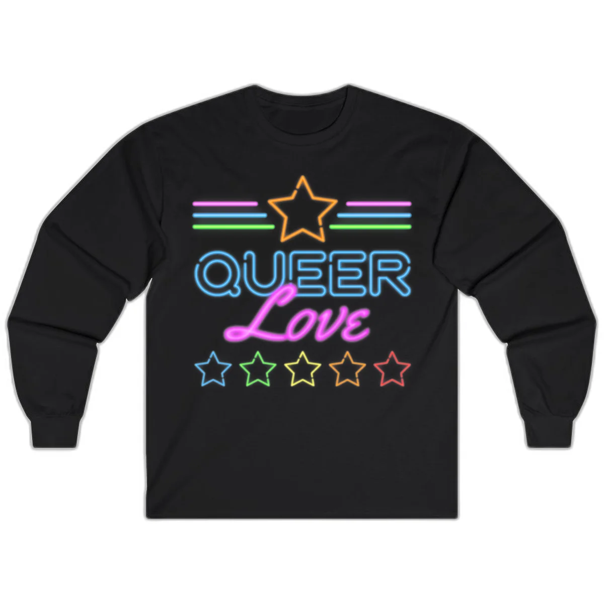 Neon queer love pride design with blue outlined text, magenta cursive script, orange and rainbow stars on gray background in Black