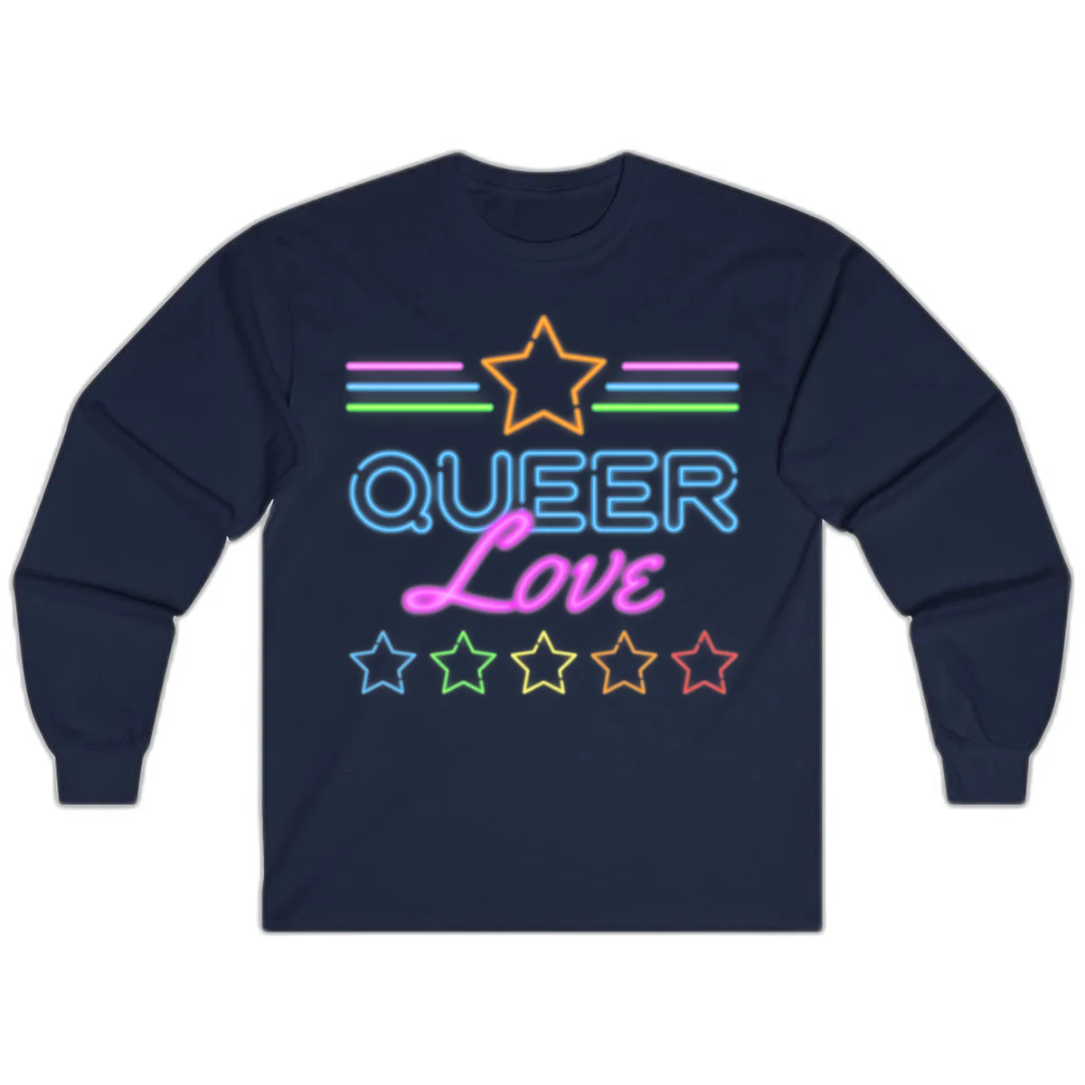 Neon queer love pride design with blue outlined text, magenta cursive script, orange and rainbow stars on gray background in Navy
