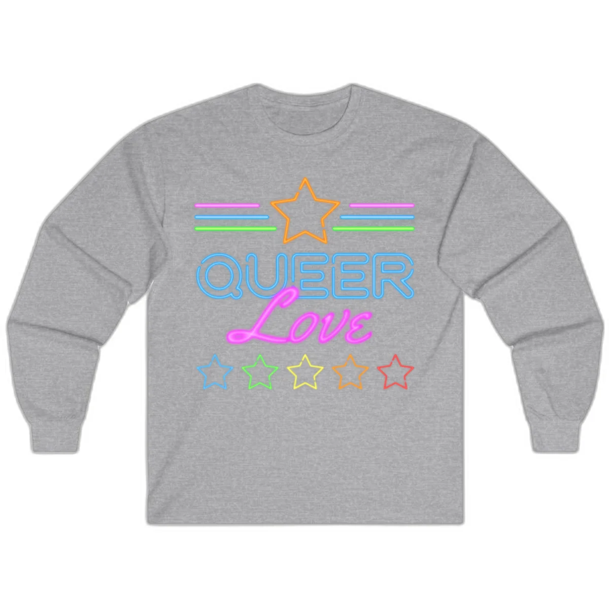 Neon queer love pride design with blue outlined text, magenta cursive script, orange and rainbow stars on gray background in Sport Grey